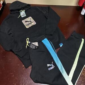 Puma Mens Black Lightsense Logo T7 Hoodie And Pant Sweat Tracksuit Size LARGE